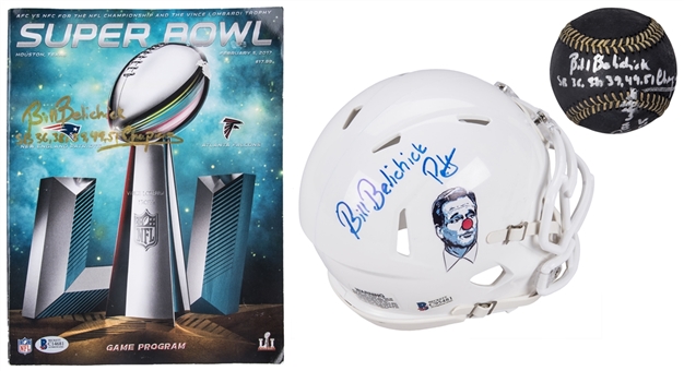 Lot of (3) Bill Belichick Signed Memorabilia Including Black OML Manfred Baseball (Also Signed By Bill Parcells), Super Bowl LI Program, & Mini Helmet (Beckett)